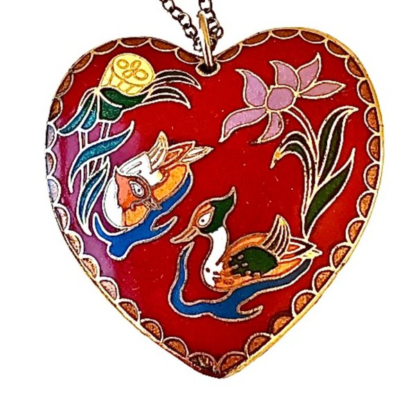 Vintage Cloisonne Large Heart Puffy Double Sided Enamel Pendant Necklace Red Blu - Picture 16 of 16